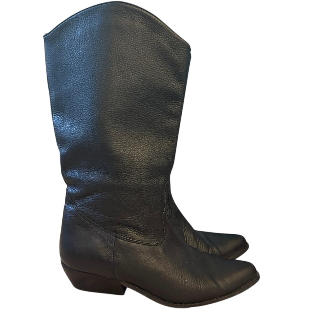 VTG‎ Bootalinos Black Leather Western Boots Mid-Calf Cowboy Riding Style Retro